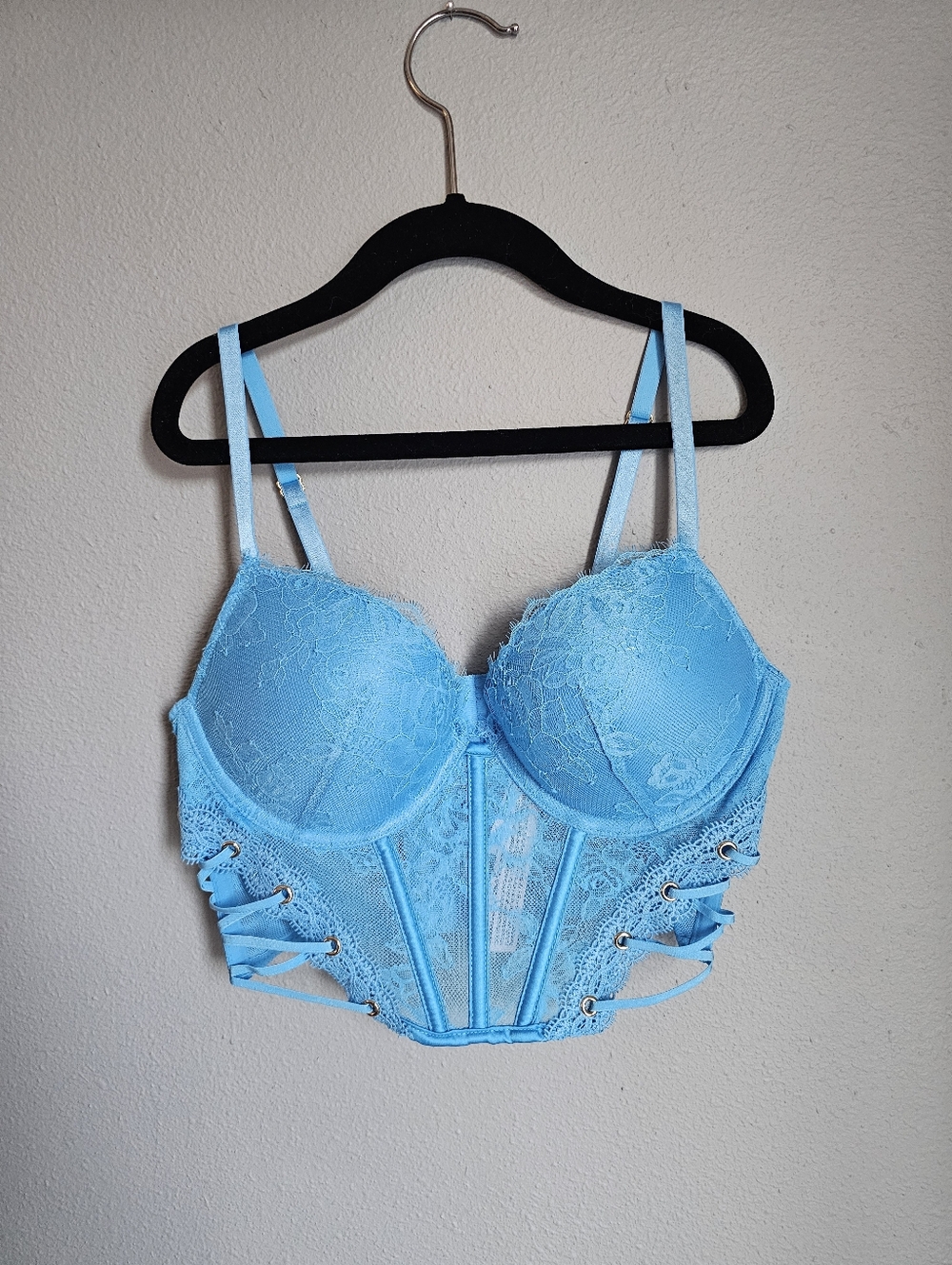Capri Blue Rose Lace & Grommet Longline Bustier Bra 32C Corset Top